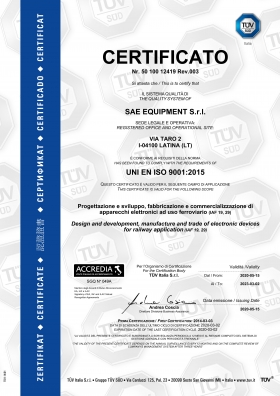 Certificato del Sistema di gestione della qualità TUV n° 50 100 12419 - SAE Equipment s.r.l.